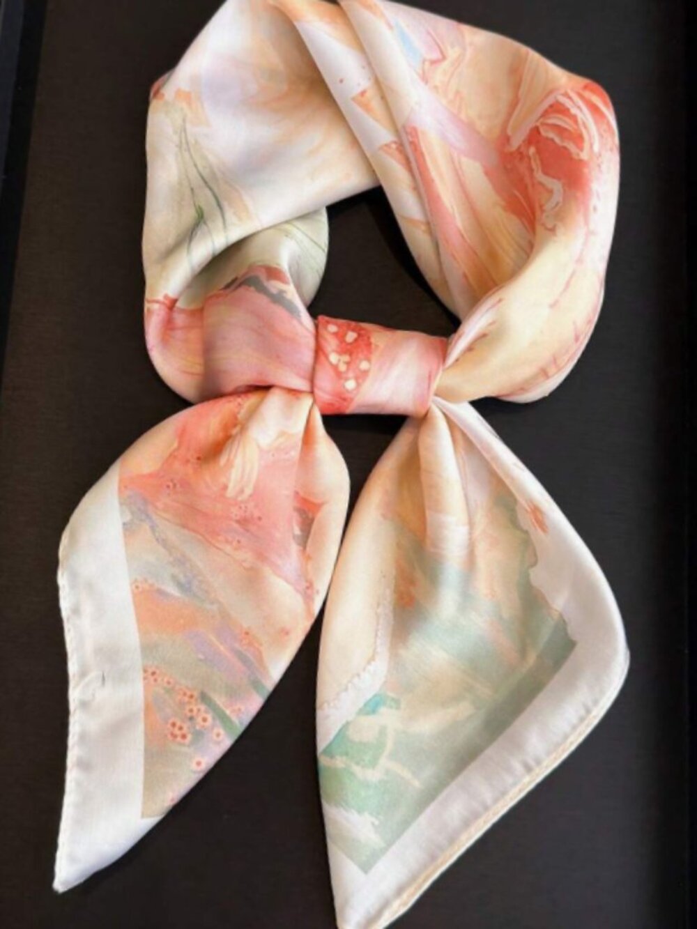 Painterly Floral Satin Square Scarf 26.4" Coral Peony Garden Neck Hair Bag Wrap